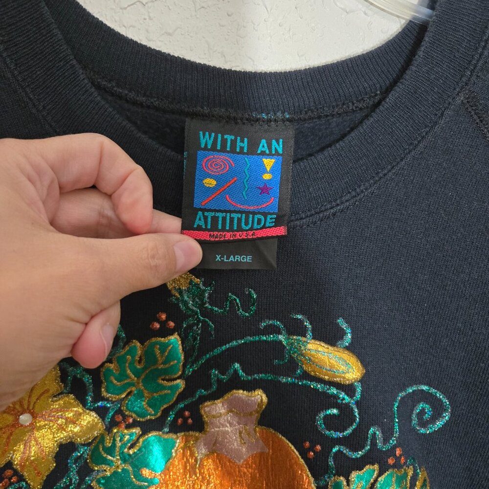 1990s Style "With an Attitude" Brand Pumpkin Puff Paint Black Sweatshirt Size XL - Picture 6 of 8